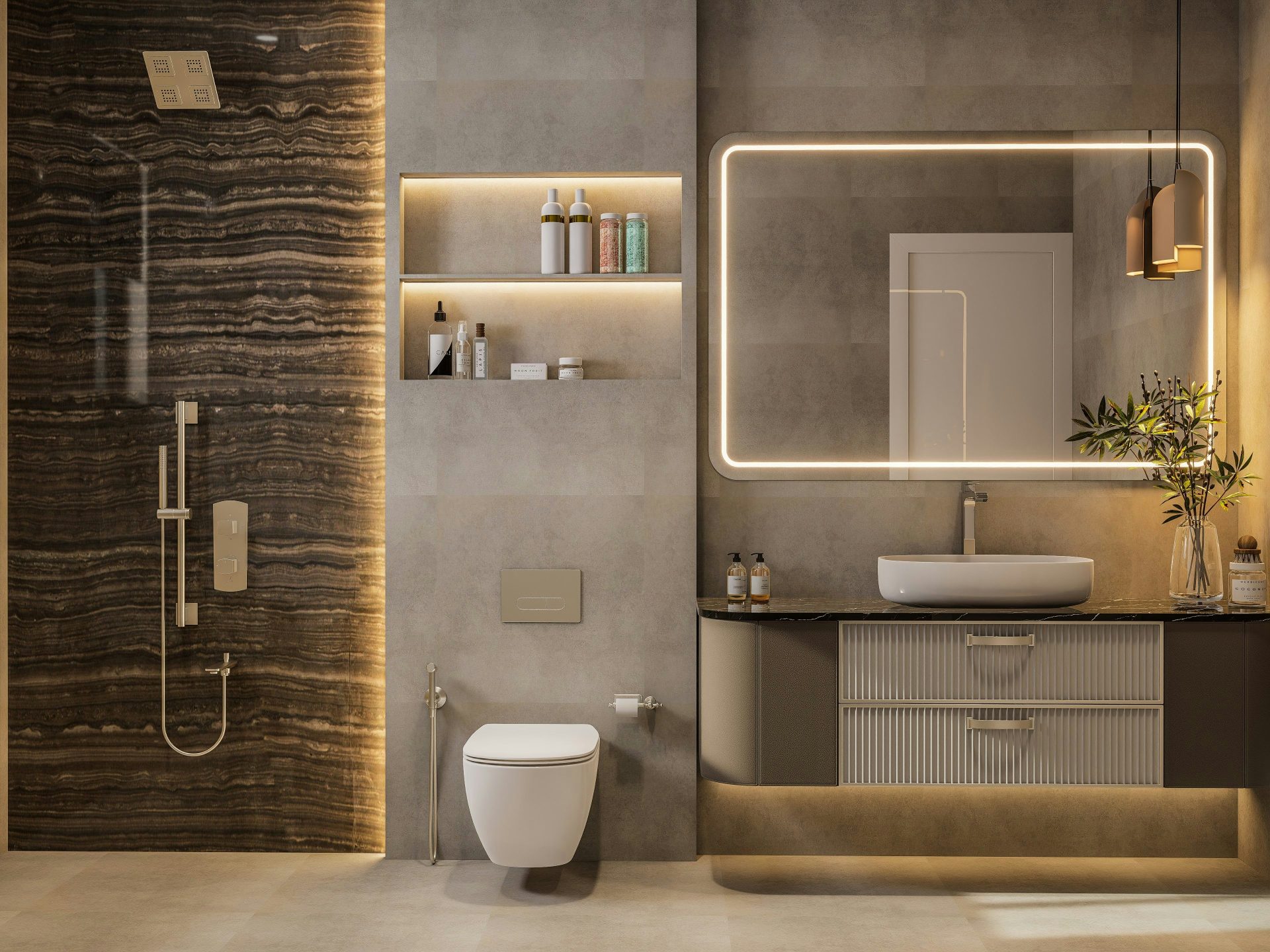 Modernes Baddesign mit eleganter Beleuchtung.